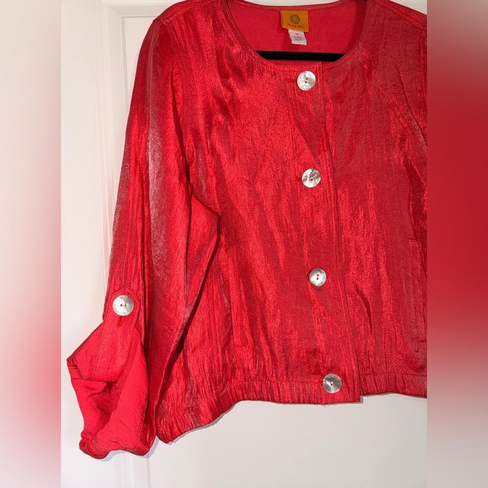 Ruby Rd. Vibrant Red Crinkle Cropped Shirt Jacket with Silver Accent Buttons - Picture 2 of 6